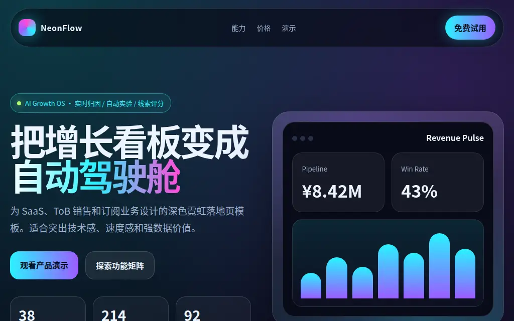 霓虹 SaaS 仪表盘落地页 的作品预览